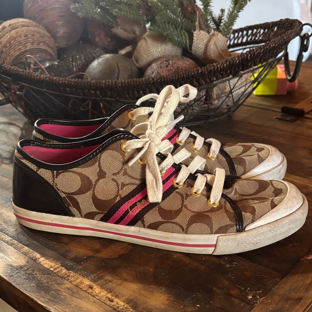 Coach Brown and Pink Canvas Sneakers